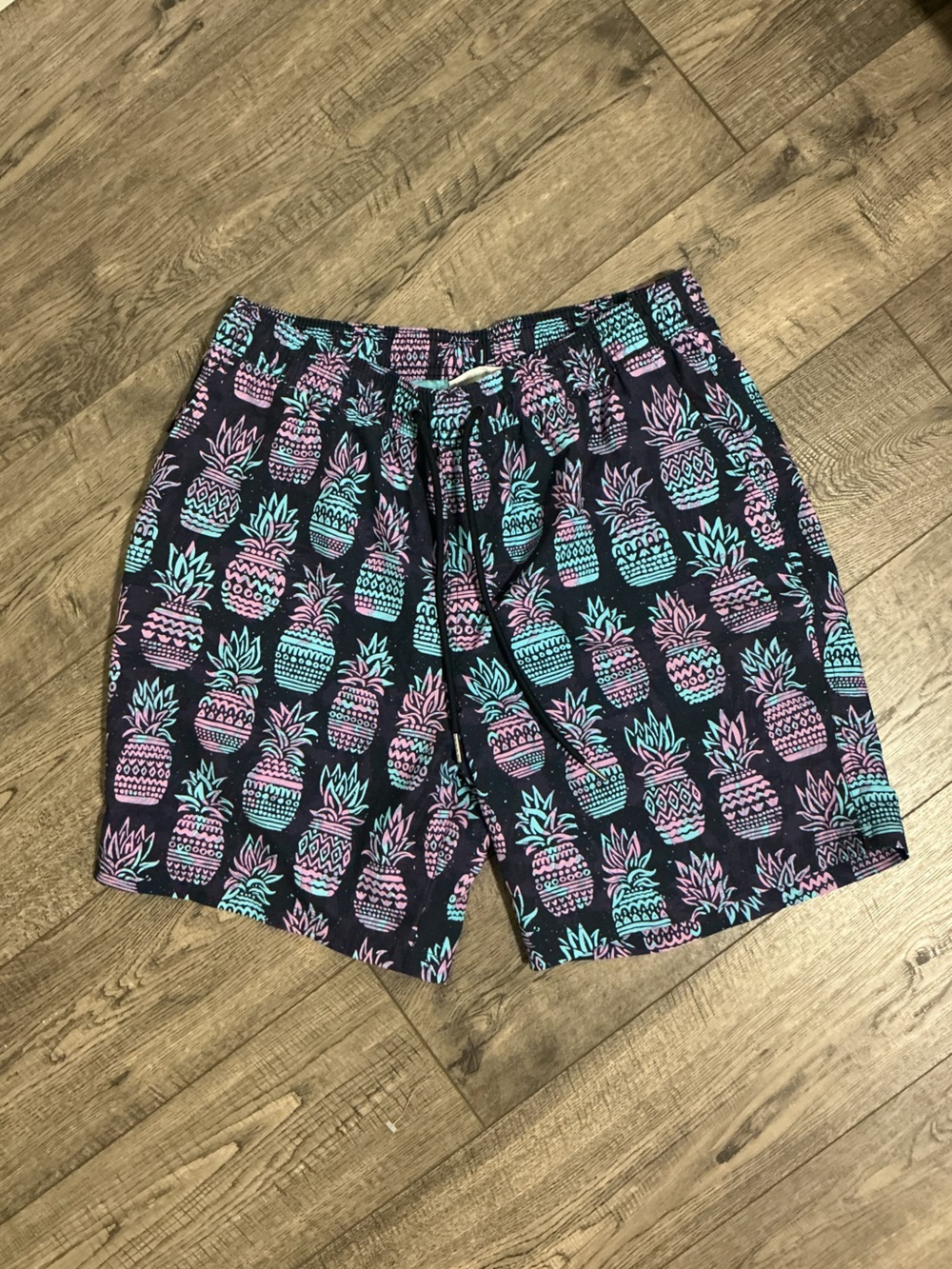 Men’s Swim Trunks Pineapple Print Shorts - Black with Pink & Teal Fun Pattern